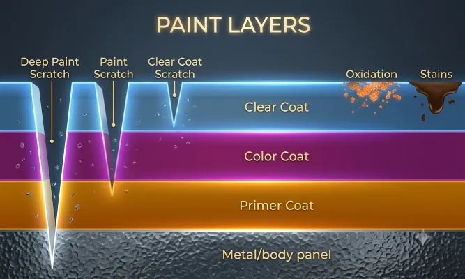 Infographic image showing how deep scratches can go on a car’s paint