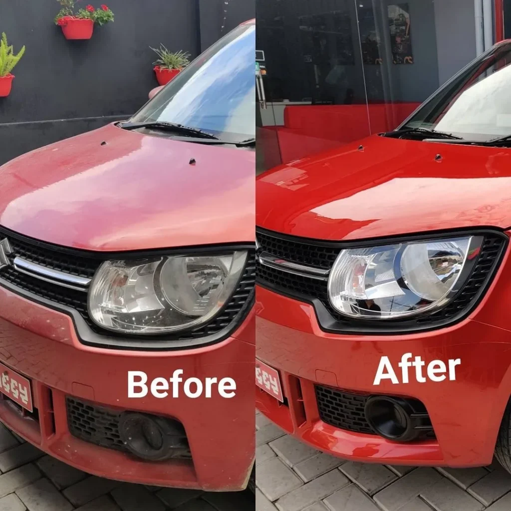 A before and after image of a car that has been through paint correction