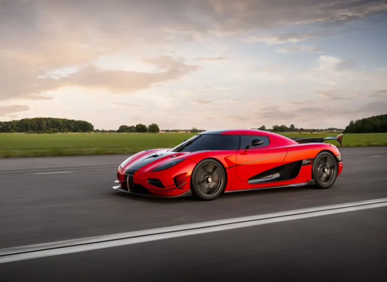 A red and black Koenigsegg Agera RS drives on a race track