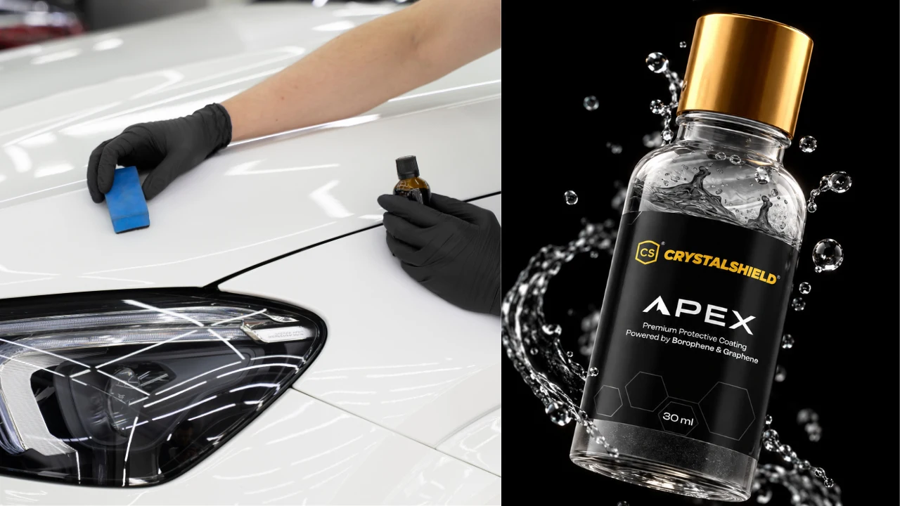 A worker applies Apex ceramic coating on a white car’s bonnet