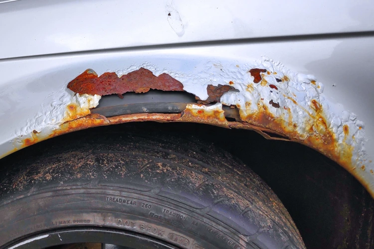 The fender of a white car damaged by rust
