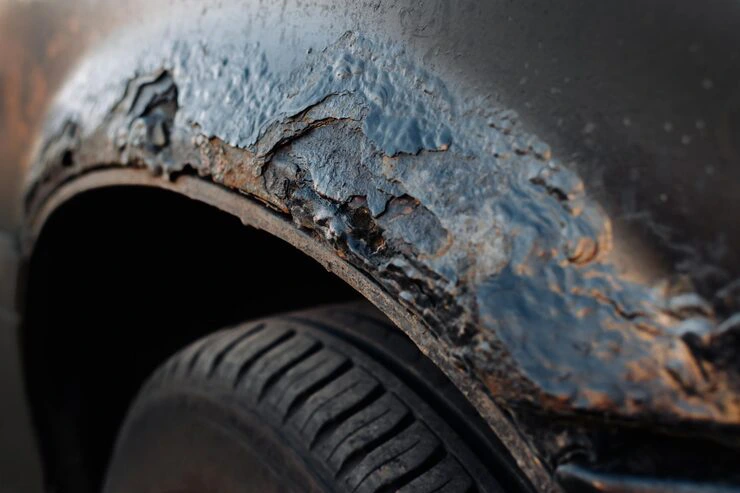 A black colour with bubbling from paint rust