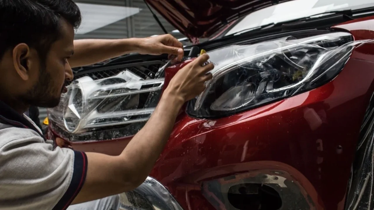 Car detailing professional applying paint protection to a vehicle