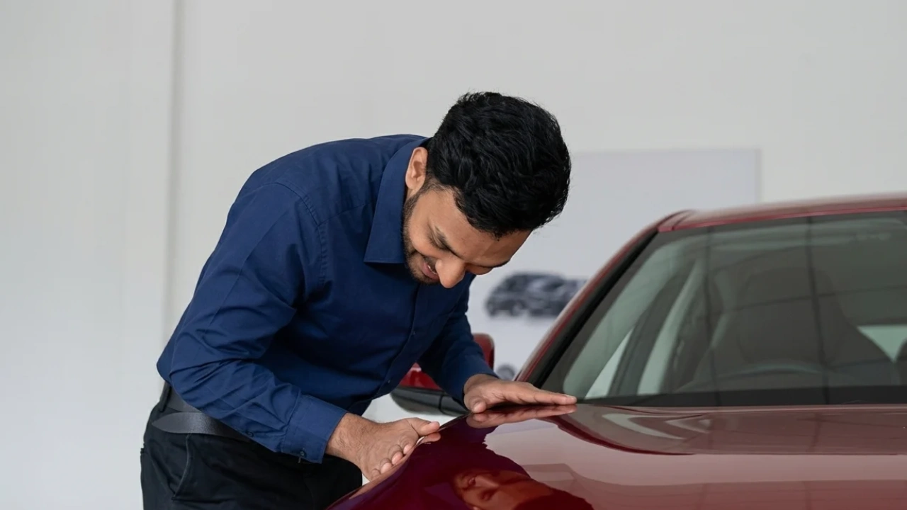 An Indian man joyfully checks out the shiny paint job of his car