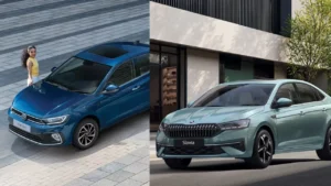 Skoda Slavia and Volkswagen Virtus parked next to each other to compare the two premium sedans