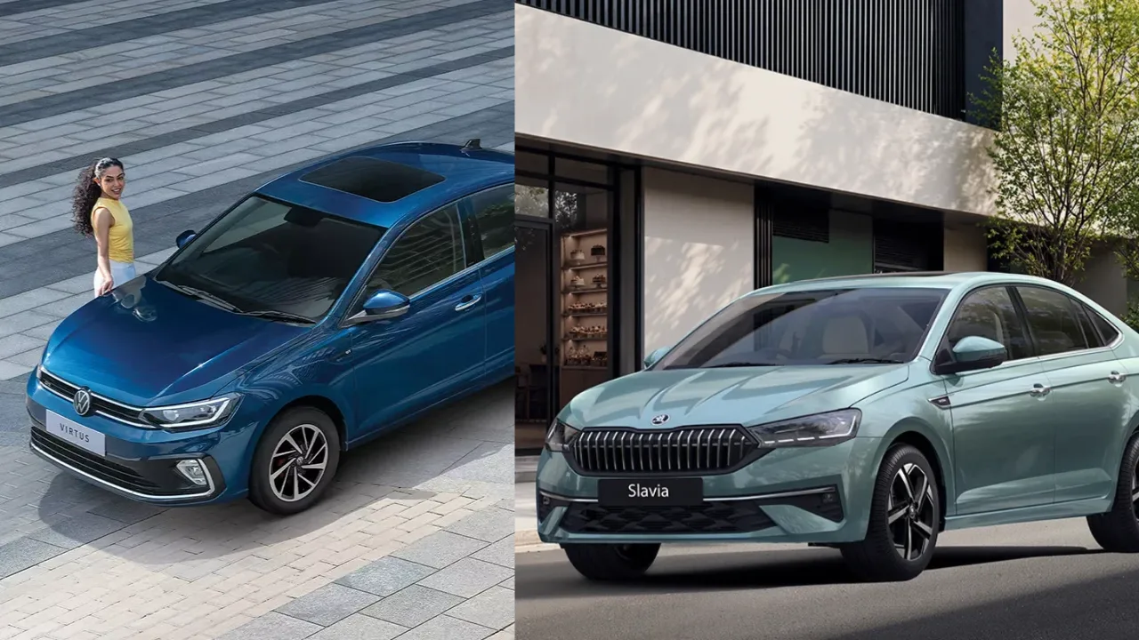 Skoda Slavia and Volkswagen Virtus parked next to each other to compare the two premium sedans