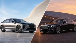 BMW 7 Series vs Mercedes-Benz S-Class in split image comparison.