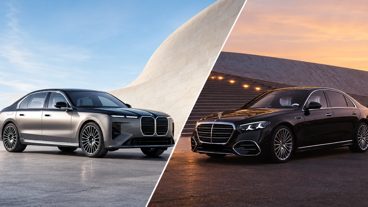 BMW 7 Series vs Mercedes-Benz S-Class in split image comparison.
